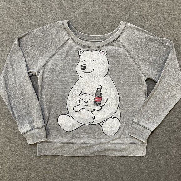 COCA-COLA VINTAGE Gray Sweatshirt Bears Graphic Lightweight Comfy Womens Size L - Picture 1 of 8